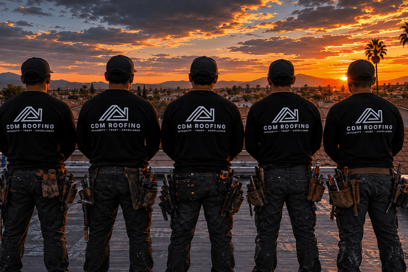 CDM Roofing crew on a roof at sunset, shirts reading Integrity Trust Excellence